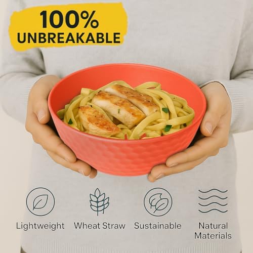 Teivio 16Pcs Cereal Bowls, 26oz Wheat Straw Bowl Set, Plastic Snack