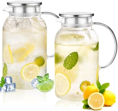 2Pack 68 oz Glass Pitcher With Lid. Glass Carafe for Hot/Cold Water.