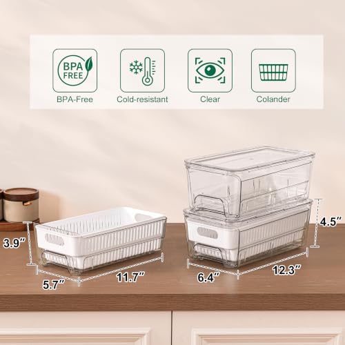 Antimbee Pull-Out Fridge Organizer Bins, 4-Pack, Removable Colander