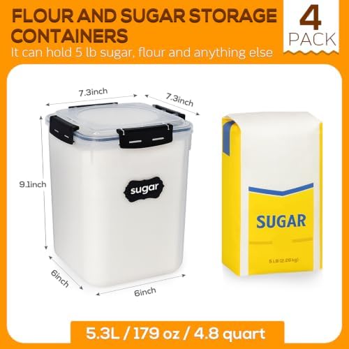 4 Pack 5.3L Thick Flour Sugar Storage Containers for Pantry, Airtight