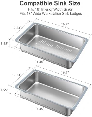 16.9 in Over the Sink Colander & Prep Basin Set, Stainless Steel Dish