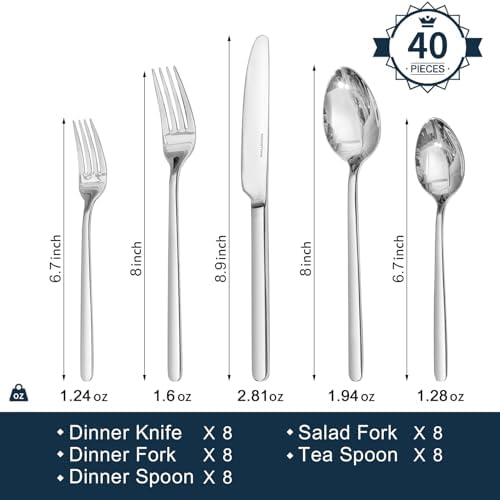 KINGSTONE 40 Piece Silverware Set, Flatware Set for 8, 18/10 Stainless Steel Cutlery Set Mirror Polished Modern Design Dishwasher Safe
