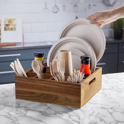ALELION Acacia Wood Silverware Caddy, 6 Compartments