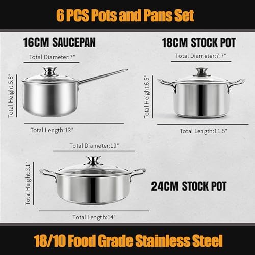Stainless Steel pots and pans set, 6 PCS Nonstick Induction Cookware