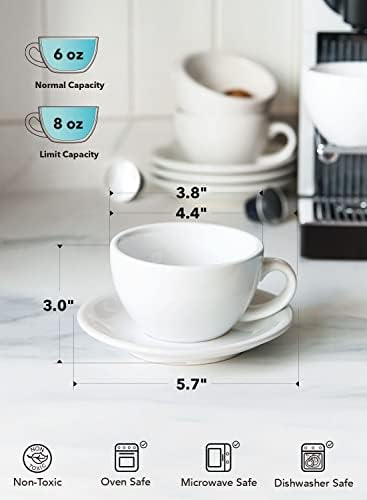LE TAUCI 6 oz Cappuccino Cups with Saucers, Set of 4 Ceramic Coffee