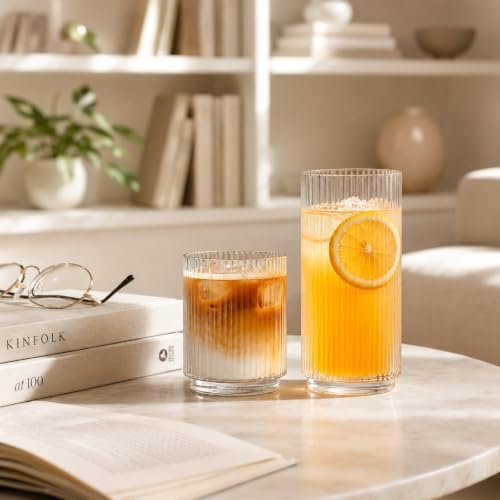 INSETLAN Ribbed Drinking Glasses Set of 12 – 6 Highball Glasses 12oz