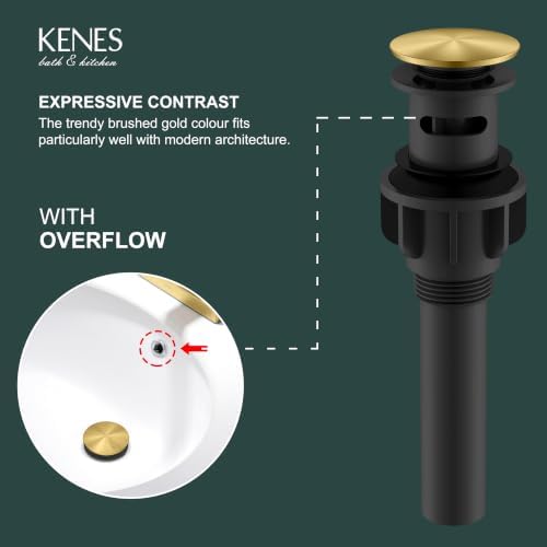 KENES Brushed Gold Pop Up Bathroom Sink Drain Assembly with Overflow