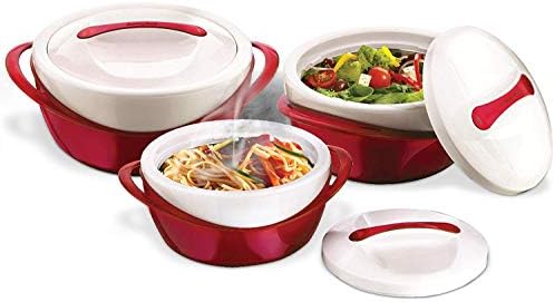 Pinnacle Insulated Casserole Dish with Lid 3 pc. set 2.6/1.25/.6 qt. Elegant Hot Pot Food Warmer/Cooler - Large Thermal Soup/Salad Serving Bowl- Stainless Steel –Best Gift Set for Moms –Holidays Red