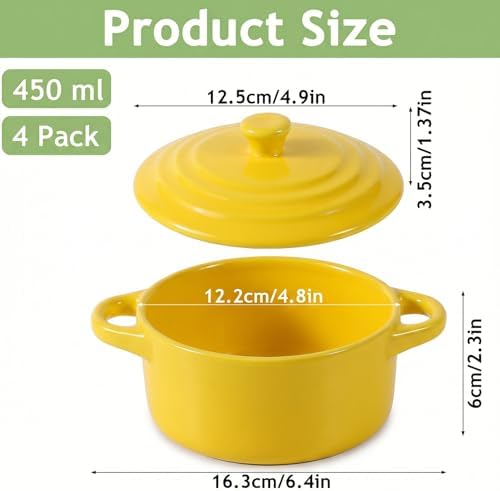 4 Pack Mini Cocotte Set, 16 oz Individual Baking Ramekins, Yellow