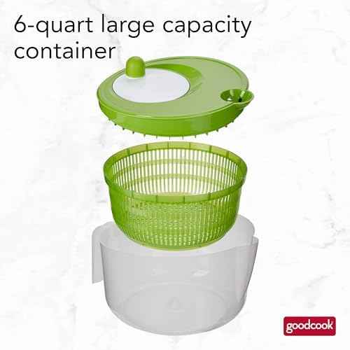 GoodCook Deluxe Salad Spinner - 6 Qt. Capacity, Easy Turn Knob, Built-In Pour Spout, Multi-Use Basket, Durable and Dishwasher-Safe, Large Capacity, Green