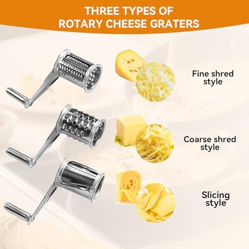 Stainless Steel Rotary Cheese Grater with 3 Drums