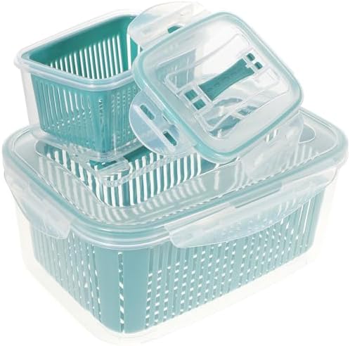 2pcs Fridge Food Box with Drainer, Stackable Plastic Storage