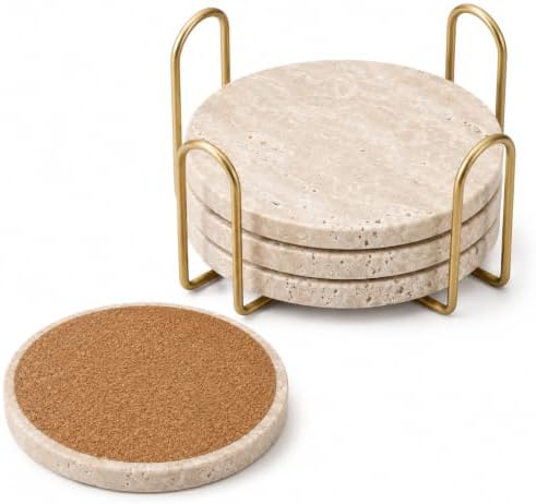 Travertine Coasters with Gold Holder, Set of 4 Natural Stone, Cork
