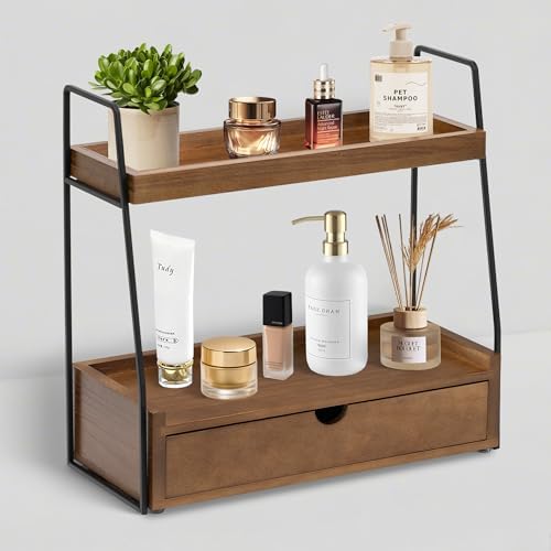 2-Tier Bathroom Countertop Organizer with Drawer, Brown