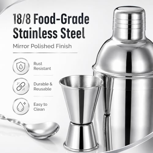 Cocktail Shaker Set, 6-Piece 18/8 Food-Grade Stainless Steel Mixology