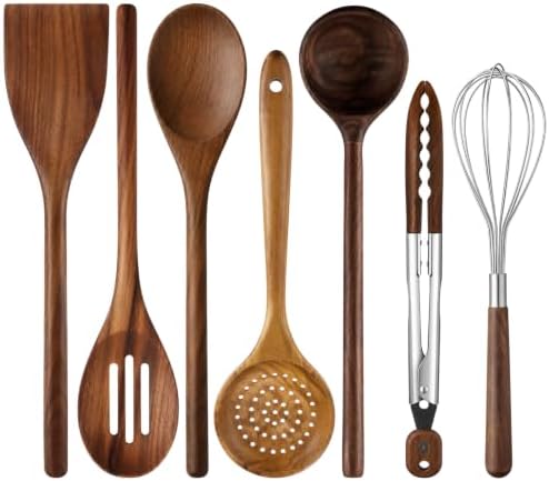 7 Piece Walnut Kitchen Utensil Set with Turner, Ladle, Slotted Spoon