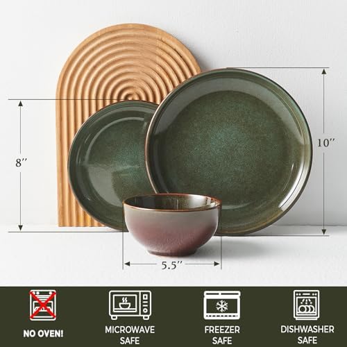 Pokini Stoneware Dinnerware Sets for 4, 12pcs Plates and Bowls Sets