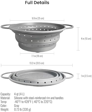 4‐Quart Silicone Collapsible Colander & Kitchen Collapsible Strainer