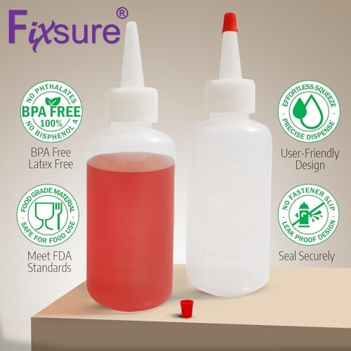 FIXSURE Plastic Squeeze Bottles with Red Tip Cap, 4 Oz Squirt Bottle