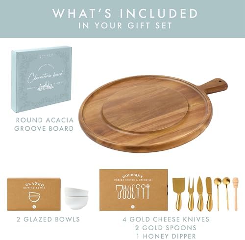 Charcuterie Board Set - Round Acacia Cheese Board for Serving with Accessories - House Warming Gifts for New Home, Bridal Shower & Wedding Gift, Birthday Gifts for Women