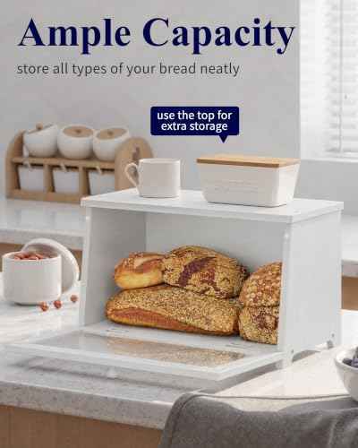 Kitsure Wooden Bread Box for Kitchen Countertop, 1-Tier, White