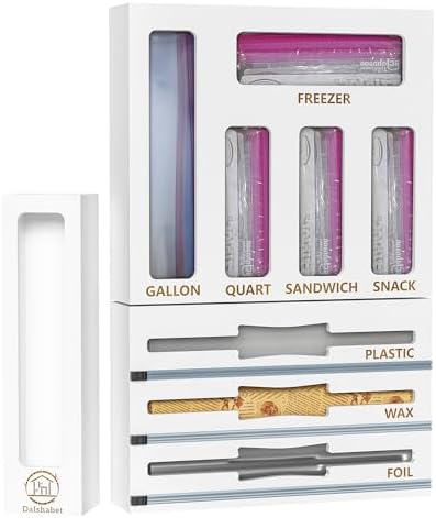 DALSHABET 9 IN1 Bamboo Storage Bag Drawer Organizer with Cutter, Foil and Plastic Wrap Dispenser for Kitchen Storage Compatible with All Brands Gallon, Quart, Sandwich & Snack Size Bags - White
