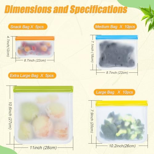 30 Pack Reusable Silicone Food Storage Bags, 4 Size Leak proof