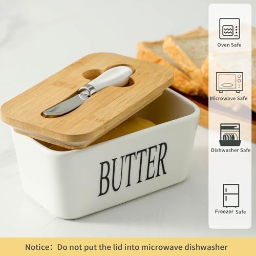 Hasense Porcelain Butter Dish with Bamboo Lid - Covered Butter Dish