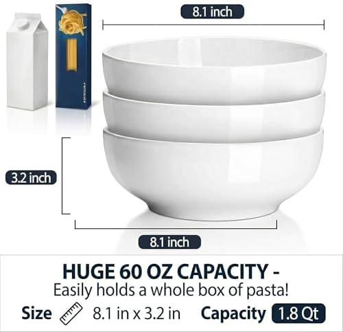 DELLING 60 Oz Large Serving Bowls Set of 3, 8 Inch White Ceramic