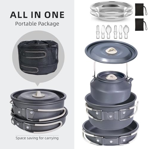 13-Piece Camping Cookware Set for 2, 2 L Pot & 1.1 L Kettle