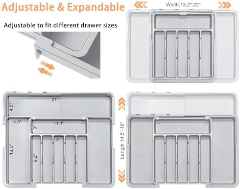 Silverware Organizer Expandable Kitchen Drawer Organizer Adjustable 22"x 19" Utensil Organizer with Rubber Feets Cutlery Drawer Organizer for Spoons Forks Knives Kitchen Organizers and Storage Grey