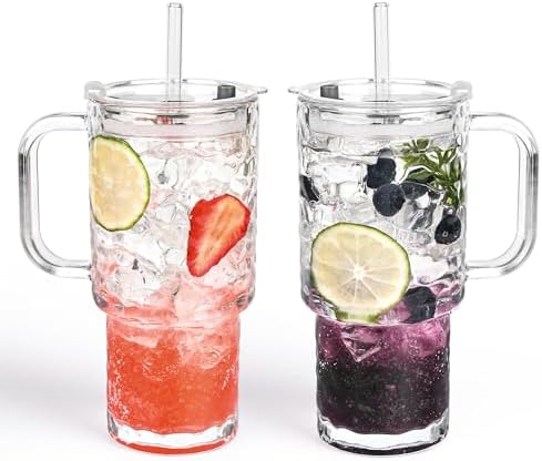 17oz Glass Tumbler with Handle & Lid – 2-Pack Iced Coffee Cups with