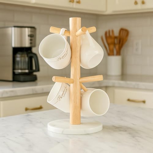 Mug Holder Marble Base with 6 Hooks Coffee Cup Rack Organizer for