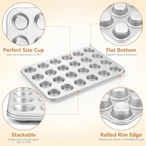 Domensi 4 Pcs Mini Muffin Pan 24 Cup Carbon Steel Cupcake Baking Pan