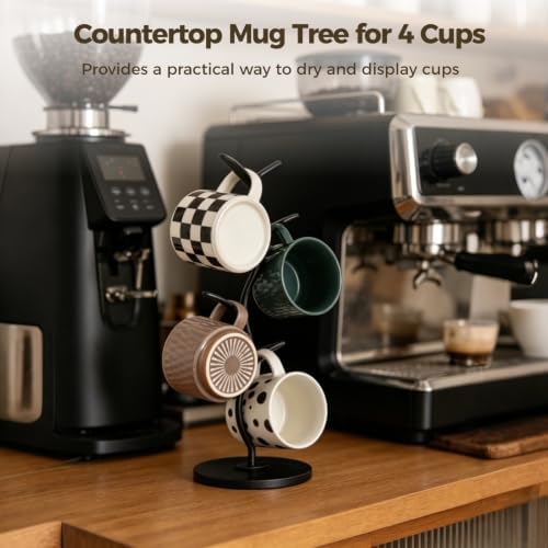 Mug Tree Stand for 4 Cups, Black Countertop Coffee Holder