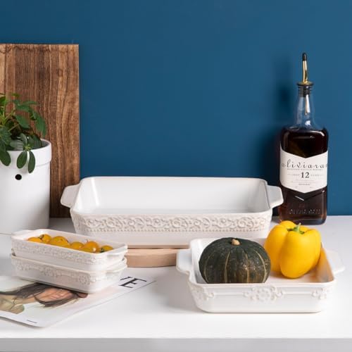 Sweejar Ceramic Rectangular Bakeware Set of 4, Kiln-Change White