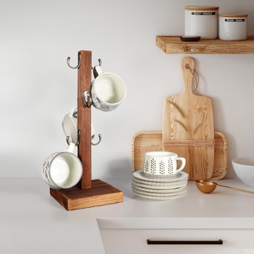 Rustic Wood Coffee Mug Holder Stand, 15.35 Inch Tall Tree Organizer