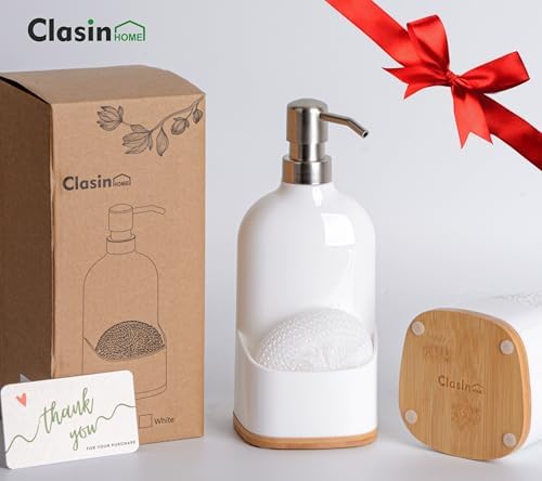 Clasin Home Kitchen Soap Dispenser with Sponge Holder, Refillable