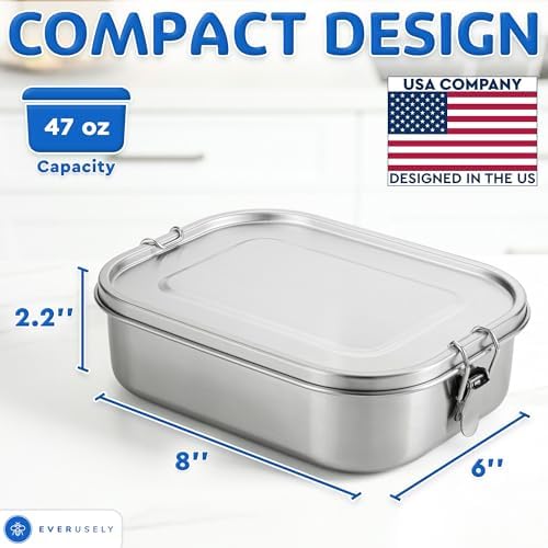 Stainless Steel Metal Lunch Box - 47 oz / 1.4 L, 2 Adjustable Dividers