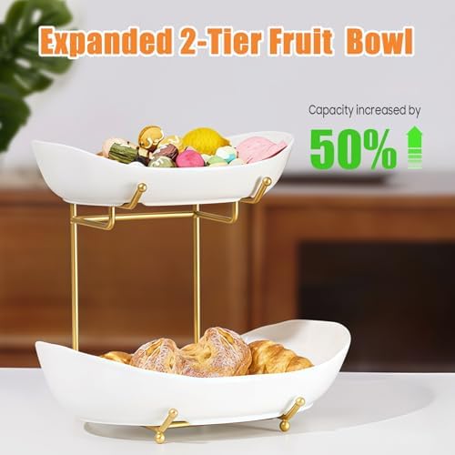 2 Tier Fruit Bowl, Ceramic Fruit Basket for Kitchen Counter