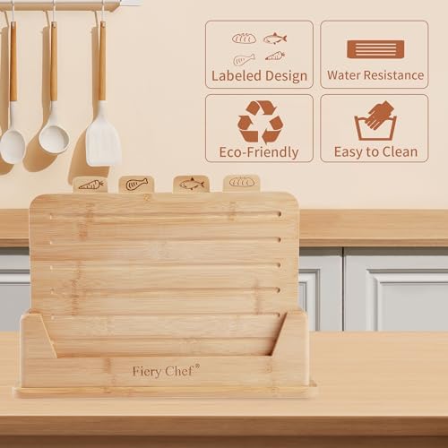 4 Piece Bamboo Cutting Boards Set with Food Icons & Stand, 12.6"L x