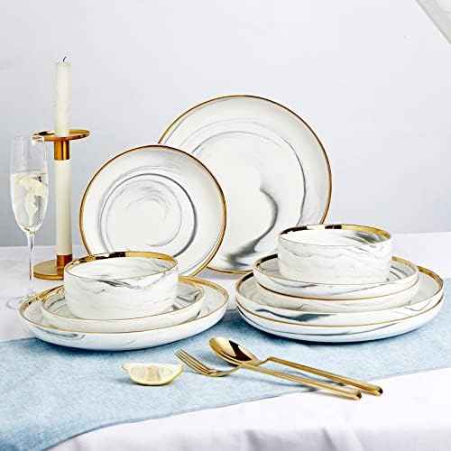 Pokini Marble Gold Rim Dinnerware Sets, Porcelain Plates and Bowls