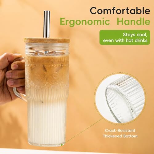 JunVpic Glass Tumbler, 24 oz Ice Coffee Cups with Bamboo Lid and