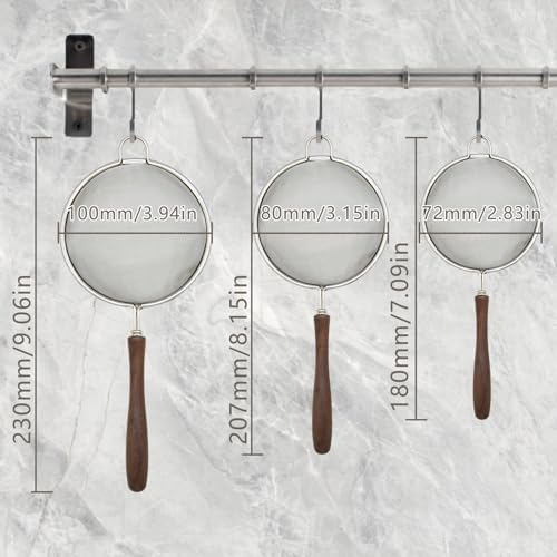 Flylin 3Pcs Stainless Steel Silver Walnut Long Handle Mesh Strainer
