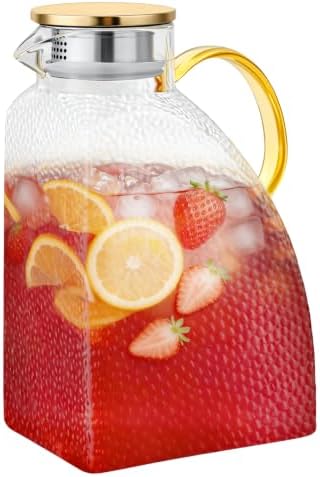 1 Gallon Large Hammered Square Glass Pitcher, with Lid Spout & Handle