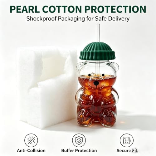 Cute Bear 20oz High Borosilicate Glass Cup with Straw & Lid, Iced