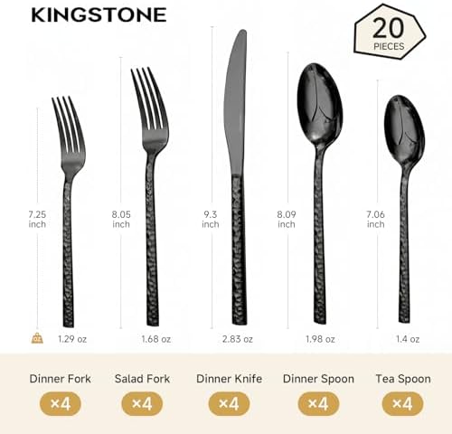 20 Piece Black Silverware Set,18/10 Stainless Steel Hammered Flatware