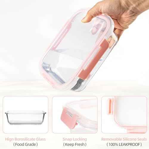16Pack Glass Meal Prep Containers with Pink Lids