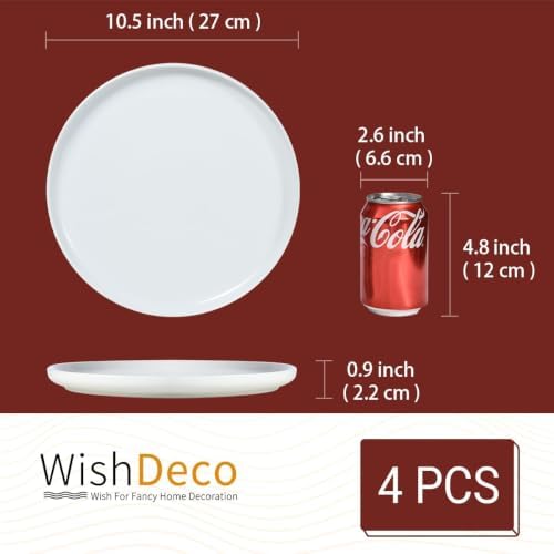 WishDeco White Dinner Plates Set of 4, Ceramic Dining Plates 10.5Inch