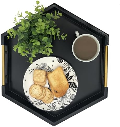 Serving Tray with Polished Metal Handles, Hexagon Coffee Table Tray